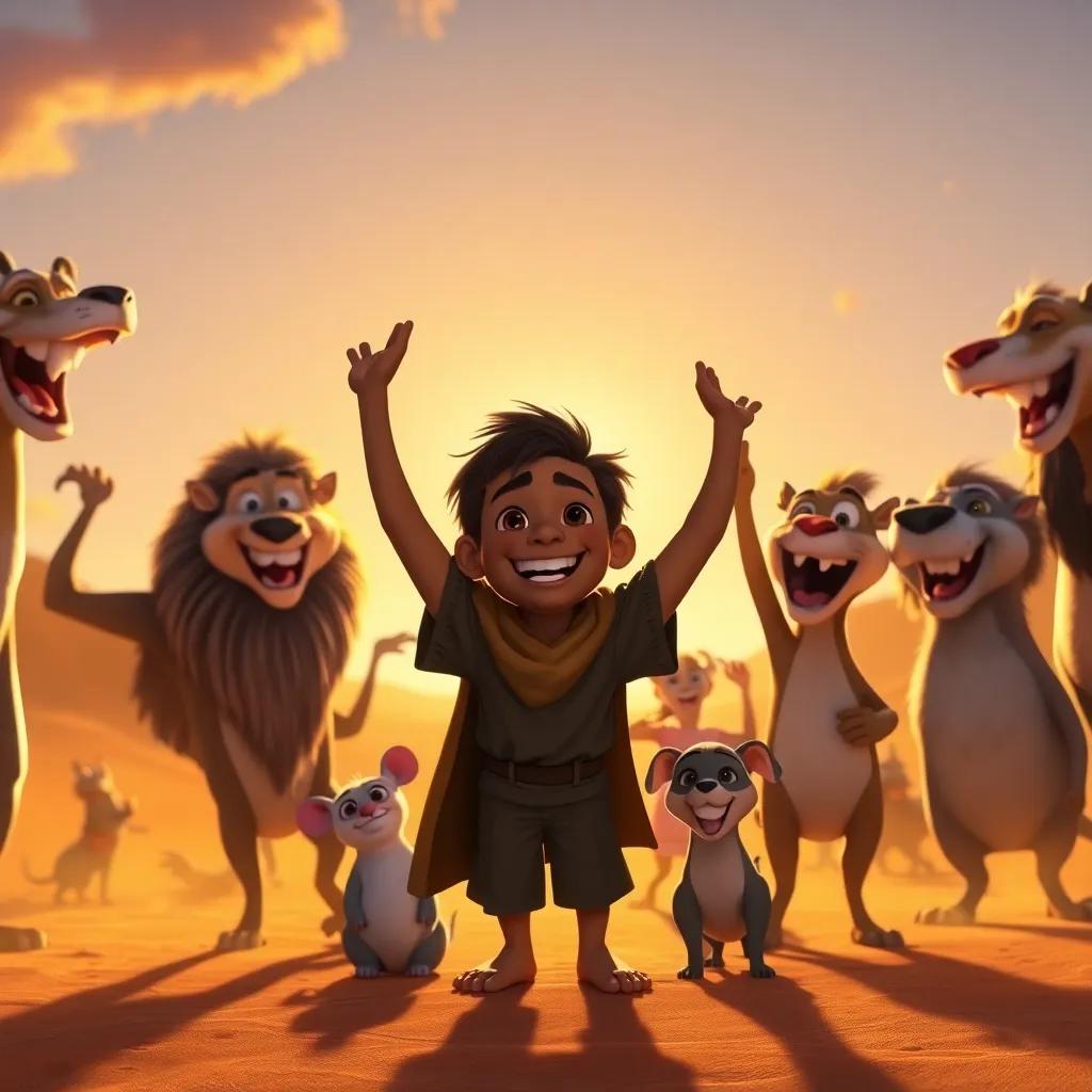 The animals celebrating their victory in the desert, with Leon at the center, smiles and joy all around, golden sunset, warm light, festive atmosphere, uplifting