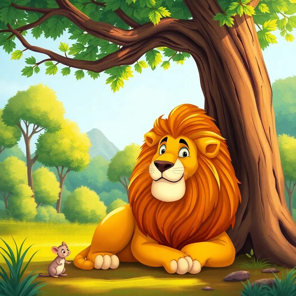 A majestic lion, a large and powerful figure with a golden mane, laying under a big tree in a sunny forest, looking surprised at a tiny mouse, vibrant colors, cheerful atmosphere, high quality