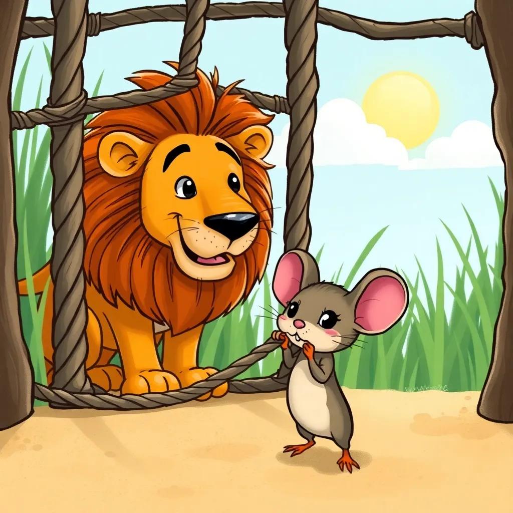 A small mouse, looking determined and brave, chewing on ropes in front of a trapped lion, with a background of tall grass and a sunny sky, illustration, heartwarming, friendly, child-friendly