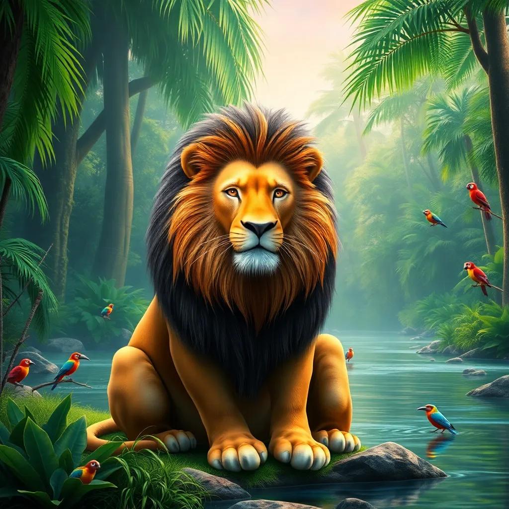 A large lion, Leon, with a majestic mane, sitting by a river in a lush green Amazon jungle, surrounded by colorful birds and tall trees, digital art, vibrant colors, serene atmosphere, high quality