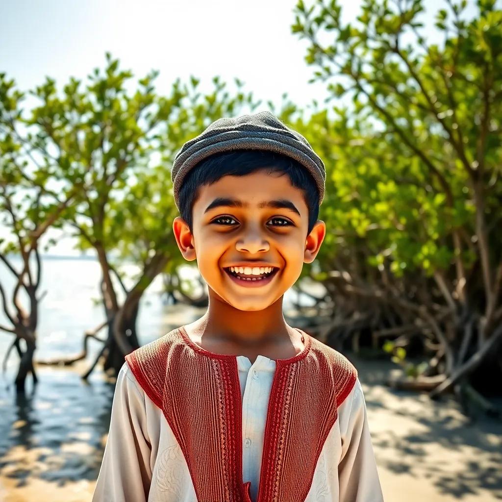 A young Emirati boy, Omar Hussain, with short black hair, wearing a traditional kandora, standing excitedly in front of mangrove trees by the beach, bright sunlight, digital art, vibrant colors, cheerful atmosphere, high quality