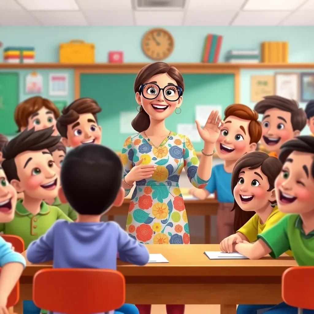 A cheerful classroom filled with excited students, a teacher named Rania, a Middle-Eastern woman in her 30s, wearing a colorful dress and glasses, addressing the class with enthusiasm, vibrant colors, engaging atmosphere, captured in a digital illustration, high quality