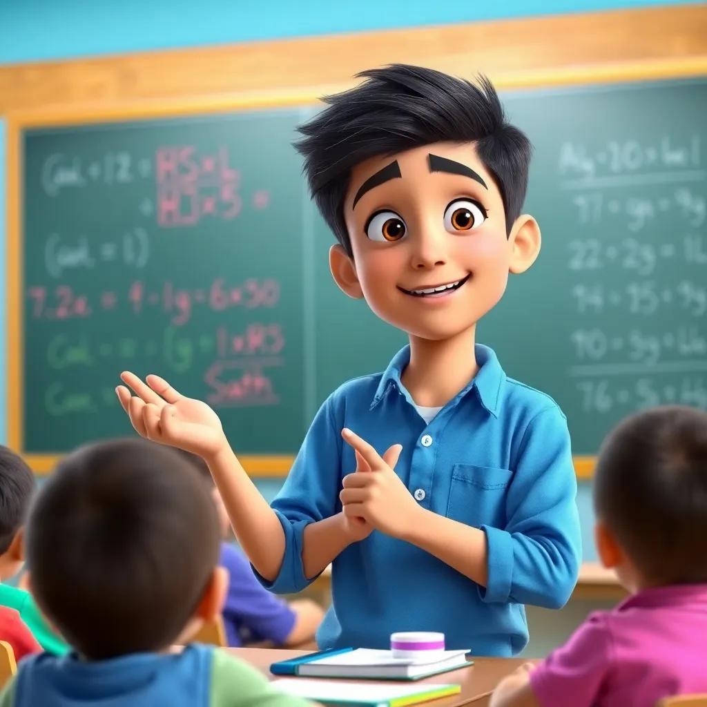 Sami, a young boy with short black hair, wearing a blue shirt, confidently explaining math concepts to his classmates, a board with equations in the background, bright and inviting colors, a focus on energy and engagement in the classroom