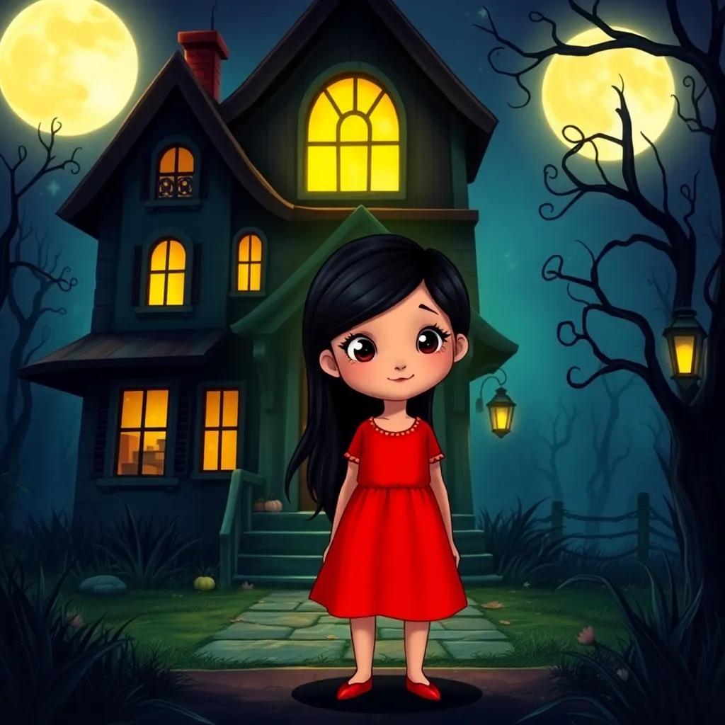 A little girl, Ayah, with long black hair wearing a bright red dress, standing in front of a spooky, old house with a big wooden door, nighttime with a glowing full moon, illustrated, colorful, magical atmosphere, welcoming mystery