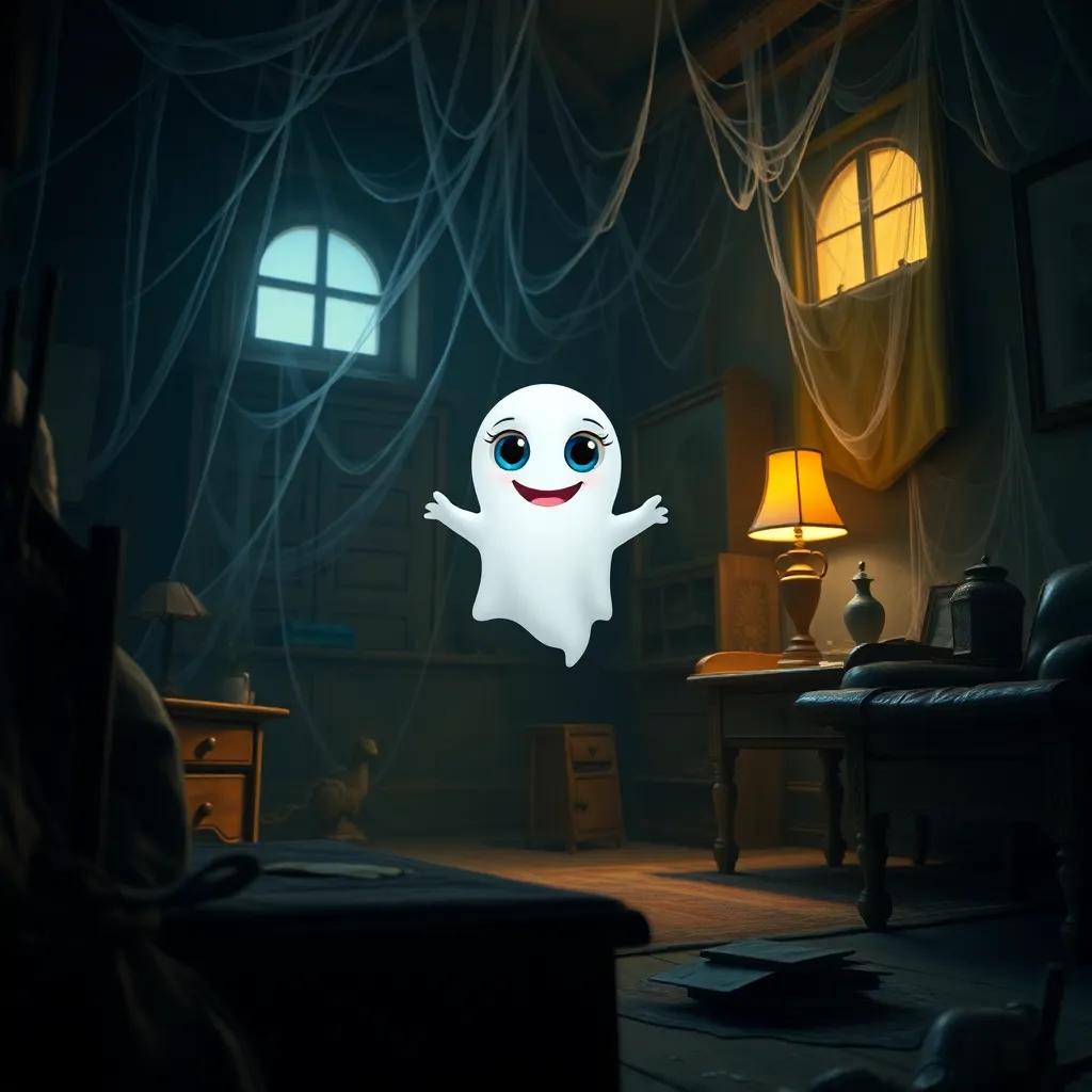 A small friendly ghost, Lulu, with big round eyes and a playful smile, appearing in a dark room filled with cobwebs and old furniture, soft glowing light, whimsical, enchanting, inviting adventure
