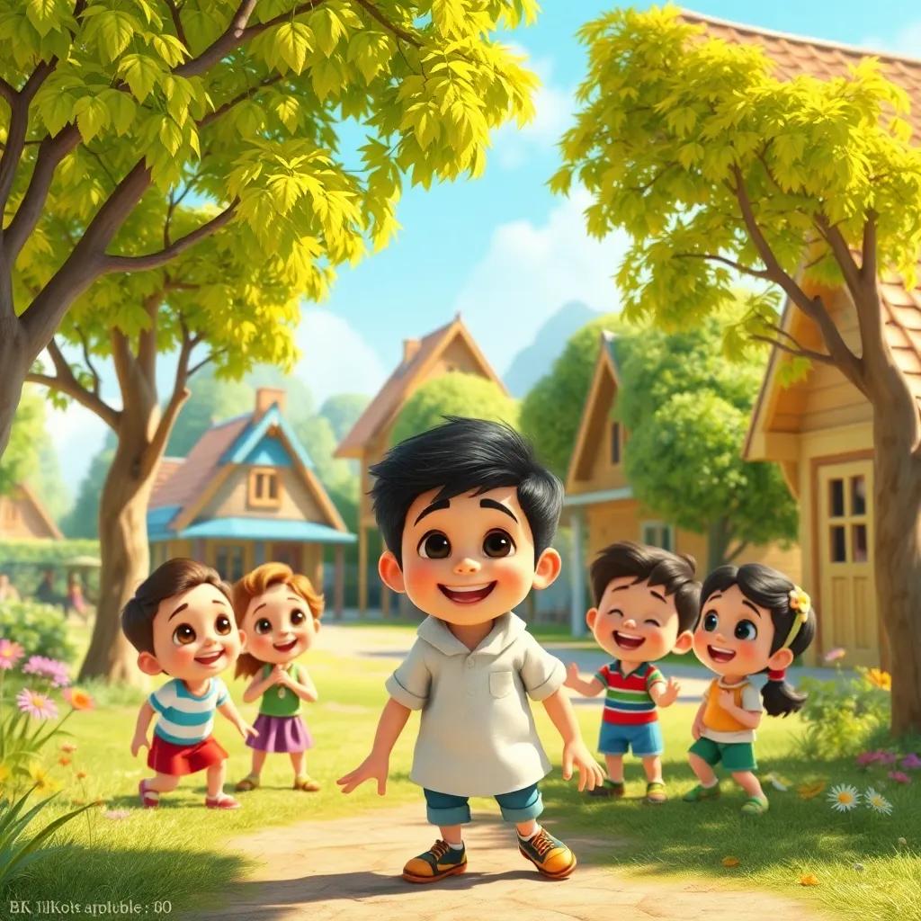 A small village with a boy named Sami playing happily with friends in a sunny park, children laughing and smiling, cheerful atmosphere, digital art, bright colors, inviting environment, high quality