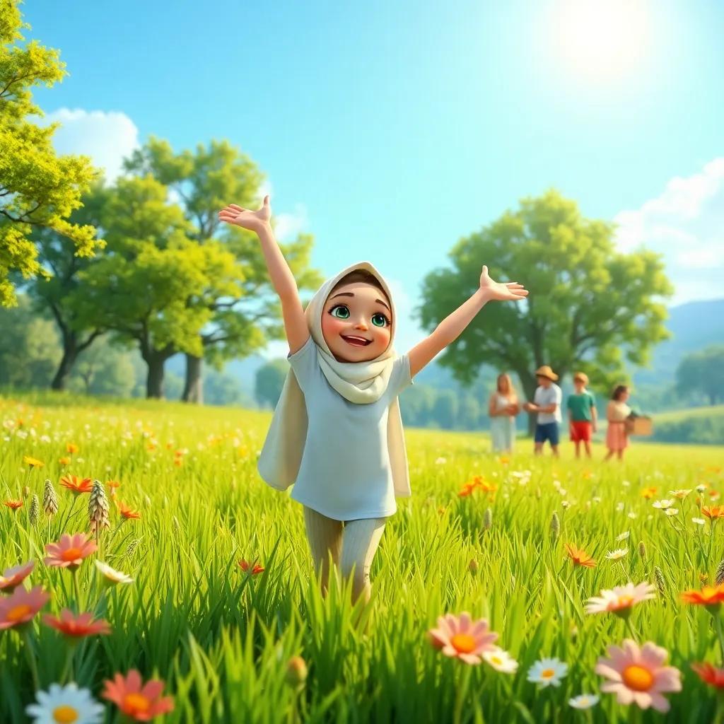 Sami happily exercising in a grassy field, surrounded by trees and flowers, picking fruits with a group of friends, bright sunshine, vibrant colors, joyful scene, digital art, high quality