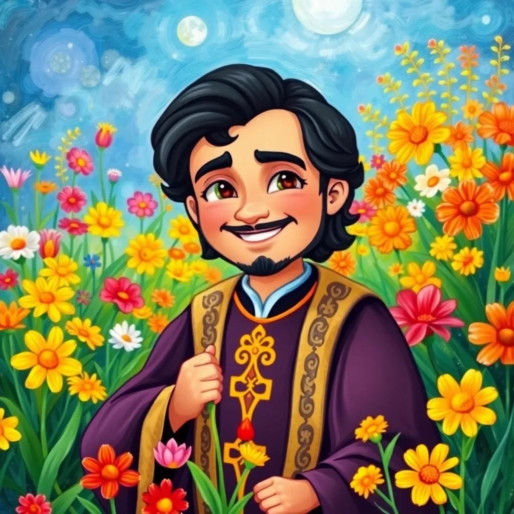 A kind king, Fahd, with dark hair wearing a royal robe, surrounded by colorful flowers in his beautiful garden, picking flowers with a big smile, illustration, vibrant colors, whimsical background, child-friendly