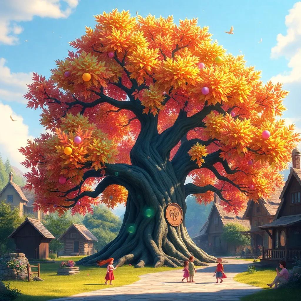 A large, majestic magic tree with colorful shimmering leaves in a peaceful village, children playing around it, digital art, bright and lively colors, enchanting atmosphere, high quality