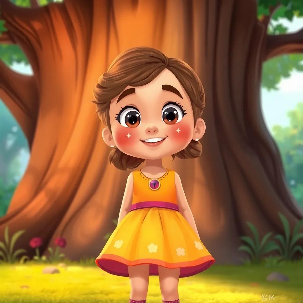 A curious girl named Leila, with sparkling eyes and a bright dress, standing in front of the magic tree, illustration, cheerful, adventurous tone, child-friendly