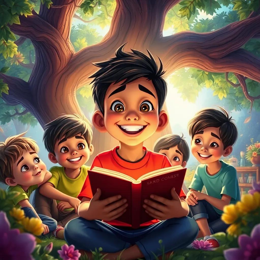 A boy named Said, with a big smile, sharing stories with other kids under the magic tree, surrounded by vibrant nature, detailed art, warm light, joyful moment