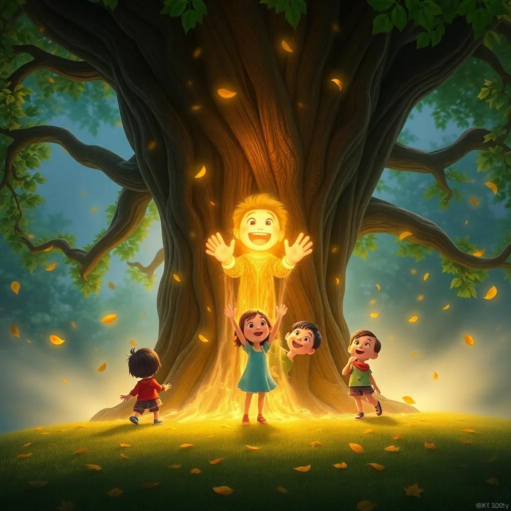 A glowing, happy spirit emerging from the magical tree, welcoming children with an excited expression, scattered leaves around, magical ambiance, fantasy style, high quality