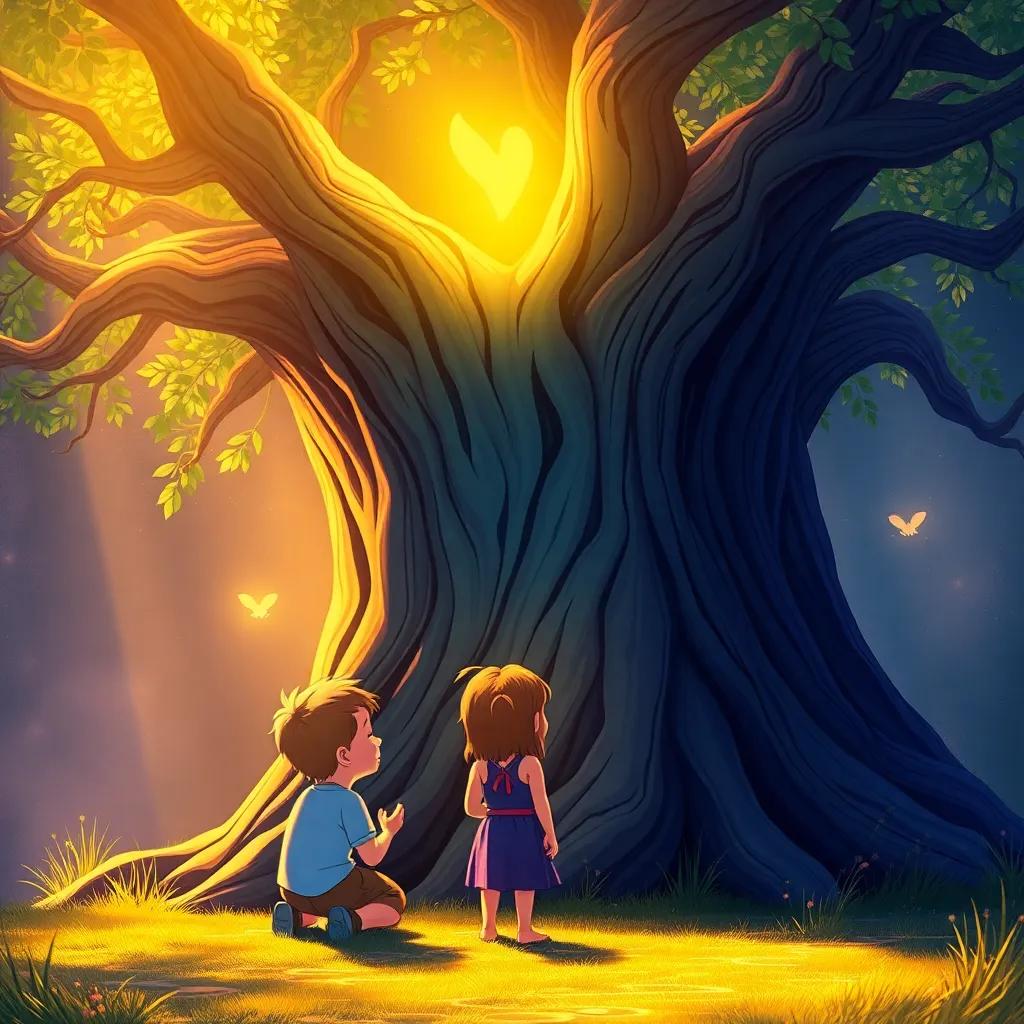 The spirit of the tree explaining secrets to the children, with a warm golden light surrounding them, depicting friendship and wisdom, heartwarming scene, colorful and inviting atmosphere.