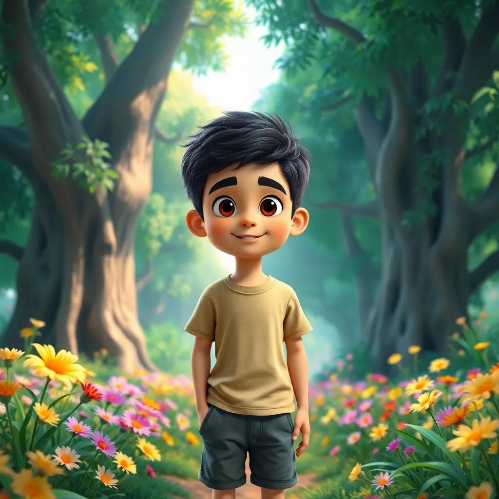 A boy named Sami, an Arab boy with short black hair, wearing a casual t-shirt and shorts, standing in a lush green forest, surrounded by large trees and colorful flowers, digital art, vibrant colors, cheerful atmosphere, child-friendly perspective, high quality