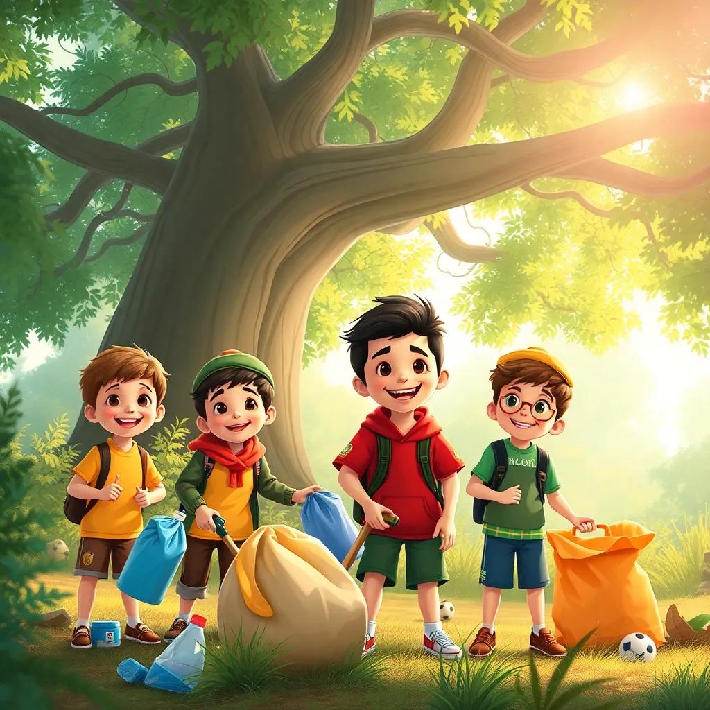 A group of children, including Sami and his friend Hossam, smiling and picking up trash in a beautiful forest, with bright sunlight filtering through the leaves and a large tree in the background, illustration, joyful, colorful, community spirit