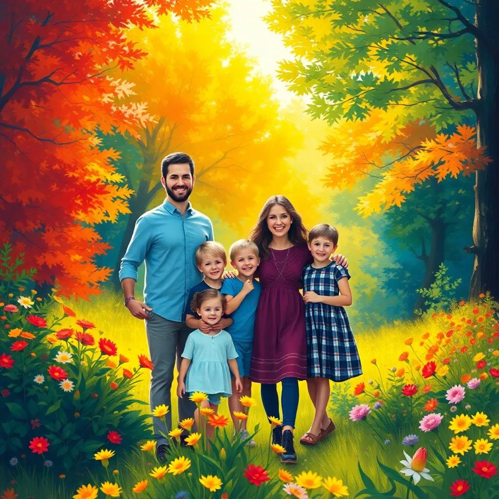 A happy family, father, mother, and children together in a sunny forest, colorful trees and flowers around, bright cheerful atmosphere, digital art, vibrant colors, warm light, high quality