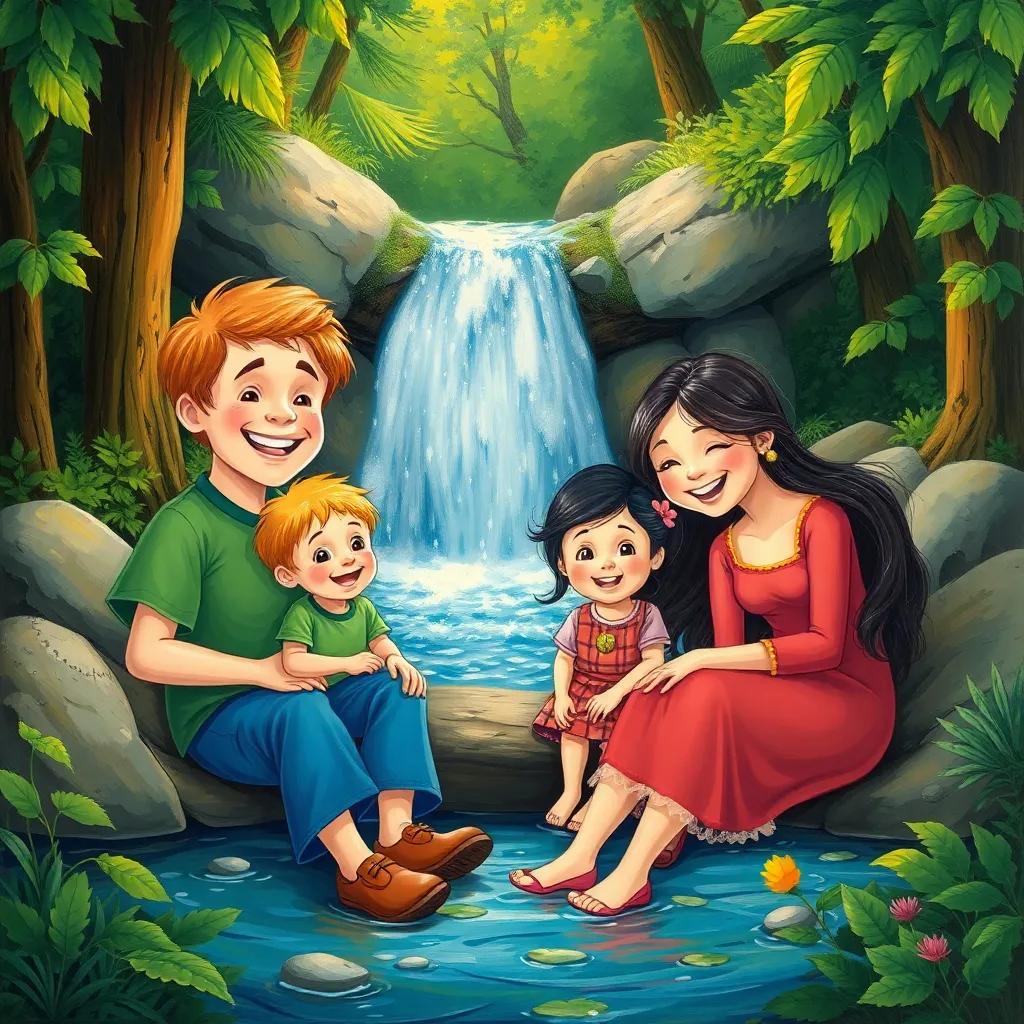 A playful family sitting by a sparkling small waterfall in the forest, joyful expressions on their faces, surrounded by greenery, illustration, colorful and inviting, storytelling scene, child-friendly