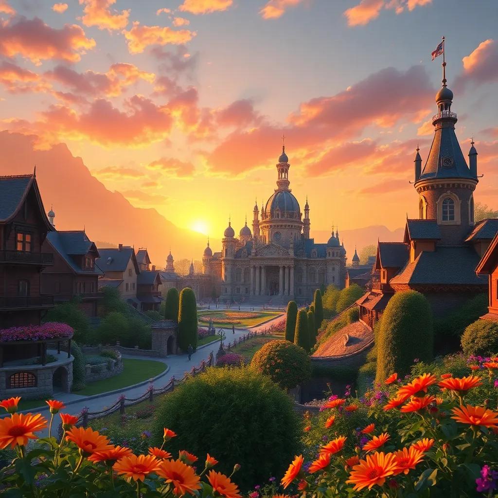 A distant town with a grand palace, featuring intricate architecture, surrounded by lush gardens and bright flowers, during sunset, fairy tale atmosphere, warm colors, high quality