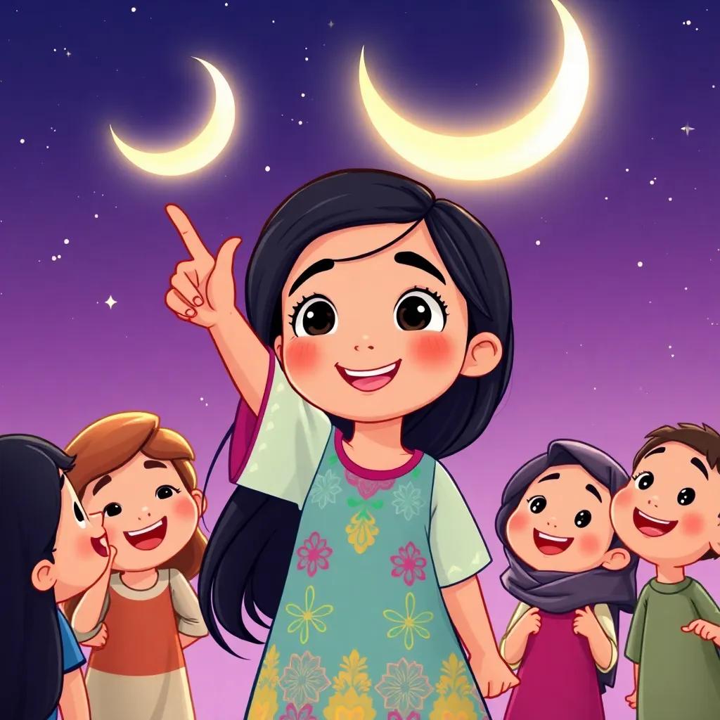 A young Arabic girl, Hala, with long black hair in a colorful dress, pointing at a crescent moon in the night sky with excitement and wonder, surrounded by her friends, illustration, cheerful and adventurous, child-friendly