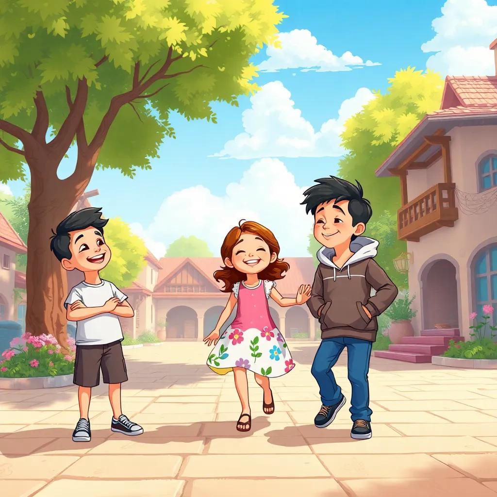 A sunny village square with three children, Ali, a young Arab boy wearing a t-shirt and shorts, Leila, a young Arab girl with a colorful dress, and Ahmed, a young Arab boy in jeans and a hoodie, laughing and playing together, surrounded by trees and flowers, joyful atmosphere, vibrant colors, child-friendly illustration