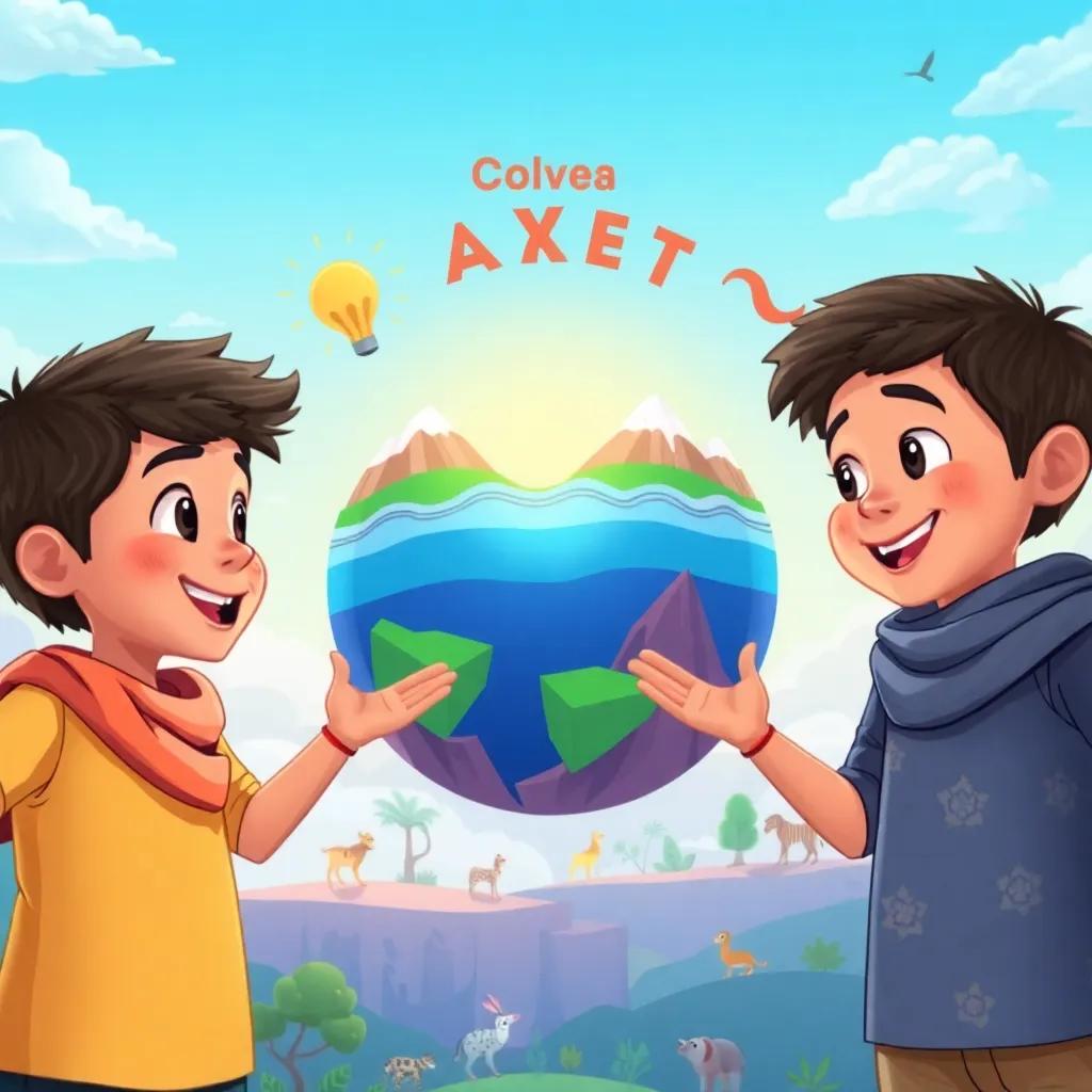 Three children, Ali, Leila, and Ahmed, animatedly discussing the Earth’s layers with a backdrop of Earth layers illustrated in the sky, showing the gas layer, water layer with waves, rocky layer with mountains, and vibrant life with animals and plants around, colorful and educational, friendly vibe, high quality