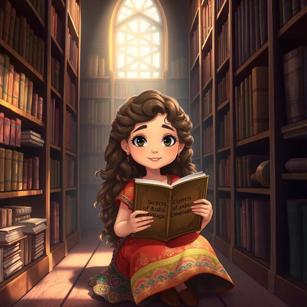 A young girl, جلنار, with long curly hair, wearing a colorful dress and holding an ancient book titled 'Secrets of Arabic Language', sitting in a cozy corner of an old library surrounded by tall bookshelves filled with dusty books, detailed illustration, soft light, magical atmosphere, high quality