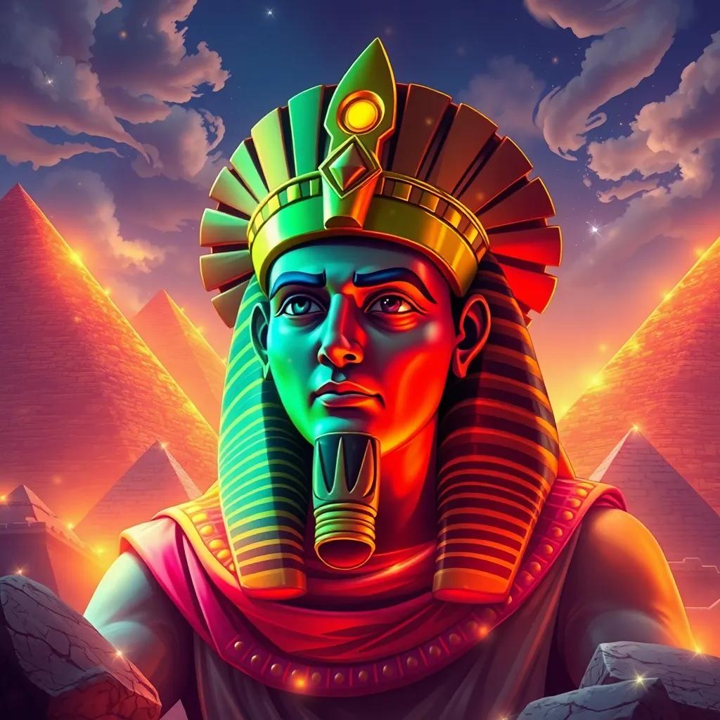 A majestic Egyptian king, Horus, waking up amidst the pyramids, looking curious and puzzled, vibrant colors, magical lights around the pyramids, enchanting atmosphere, detailed illustration, high quality