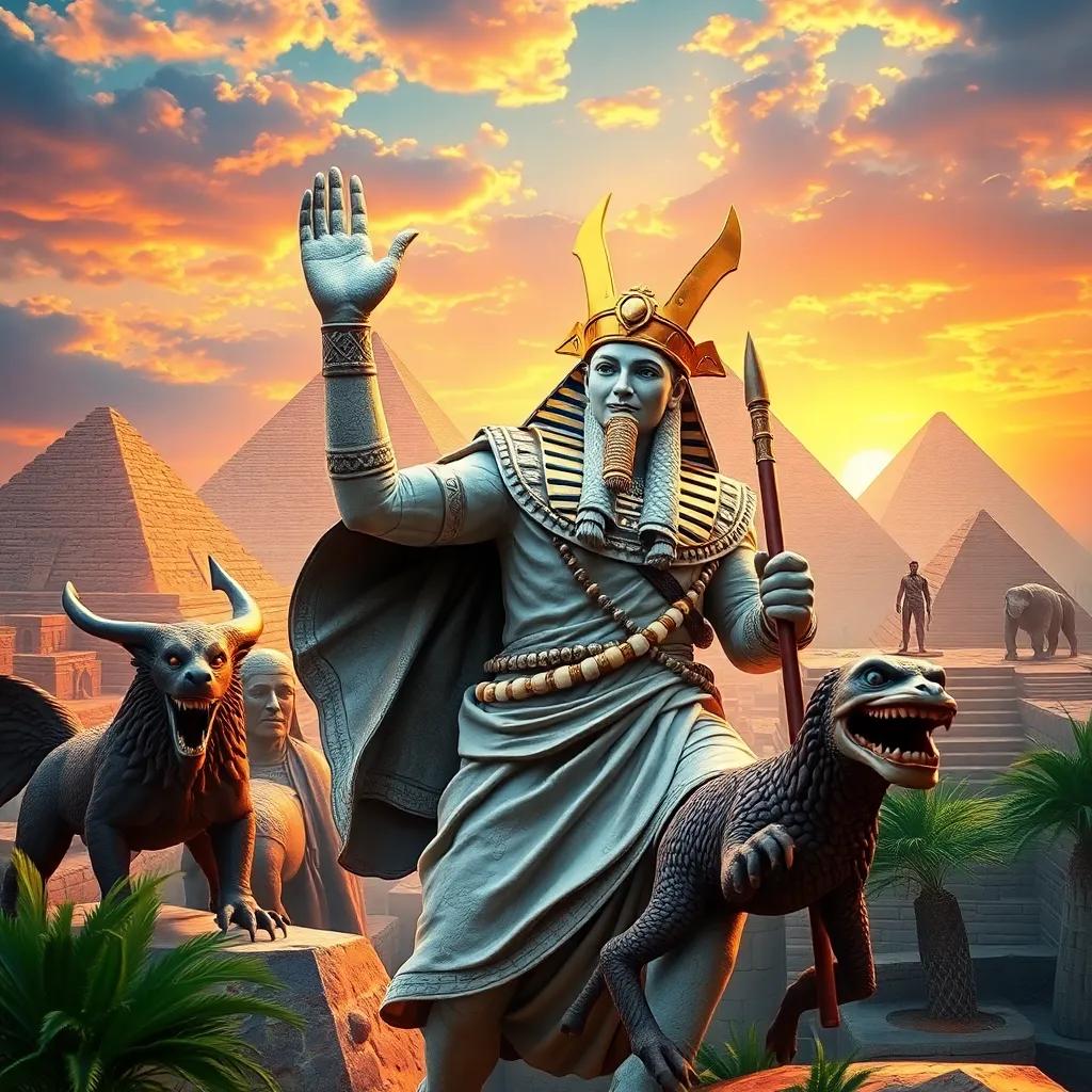 Horus, the Egyptian king, on a quest through the pyramids, encountering strange creatures and ancient artifacts, vibrant atmosphere, engaging views, child-friendly design, colorful, high resolution