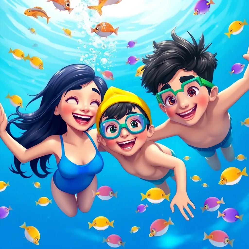 A group of three friends, a girl named Sara with long black hair wearing a blue swimsuit, a boy named Karim with curly brown hair wearing a yellow swim cap, and a boy named Ali with short black hair wearing green goggles, happily diving into a bright blue sea, colorful fish swimming around them, digital art, vibrant colors, joyful atmosphere, high quality