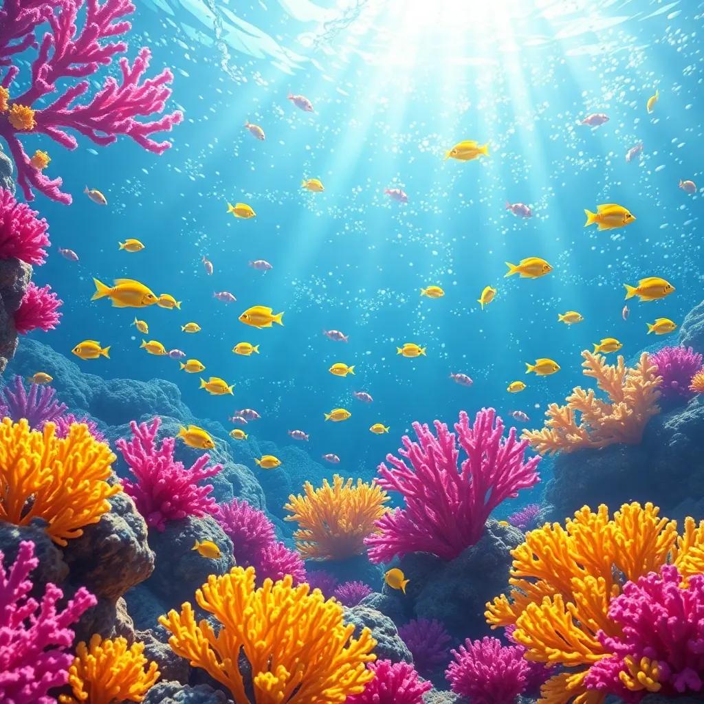 Underwater scene with vibrant coral reefs in shades of pink, purple, and yellow, lots of colorful fish darting around, sunlight filtering through the water creating sparkling patterns, realistic underwater, enchanting environment, child-friendly, high quality