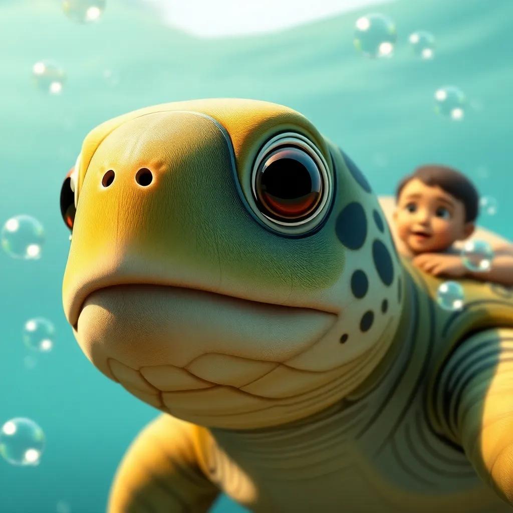 Close-up of the turtle speaking with Sara, Karim, and Ali, bubbles floating around them, the turtle telling an adventure story about its journey in the sea, clear focus, heartwarming, storytelling moment