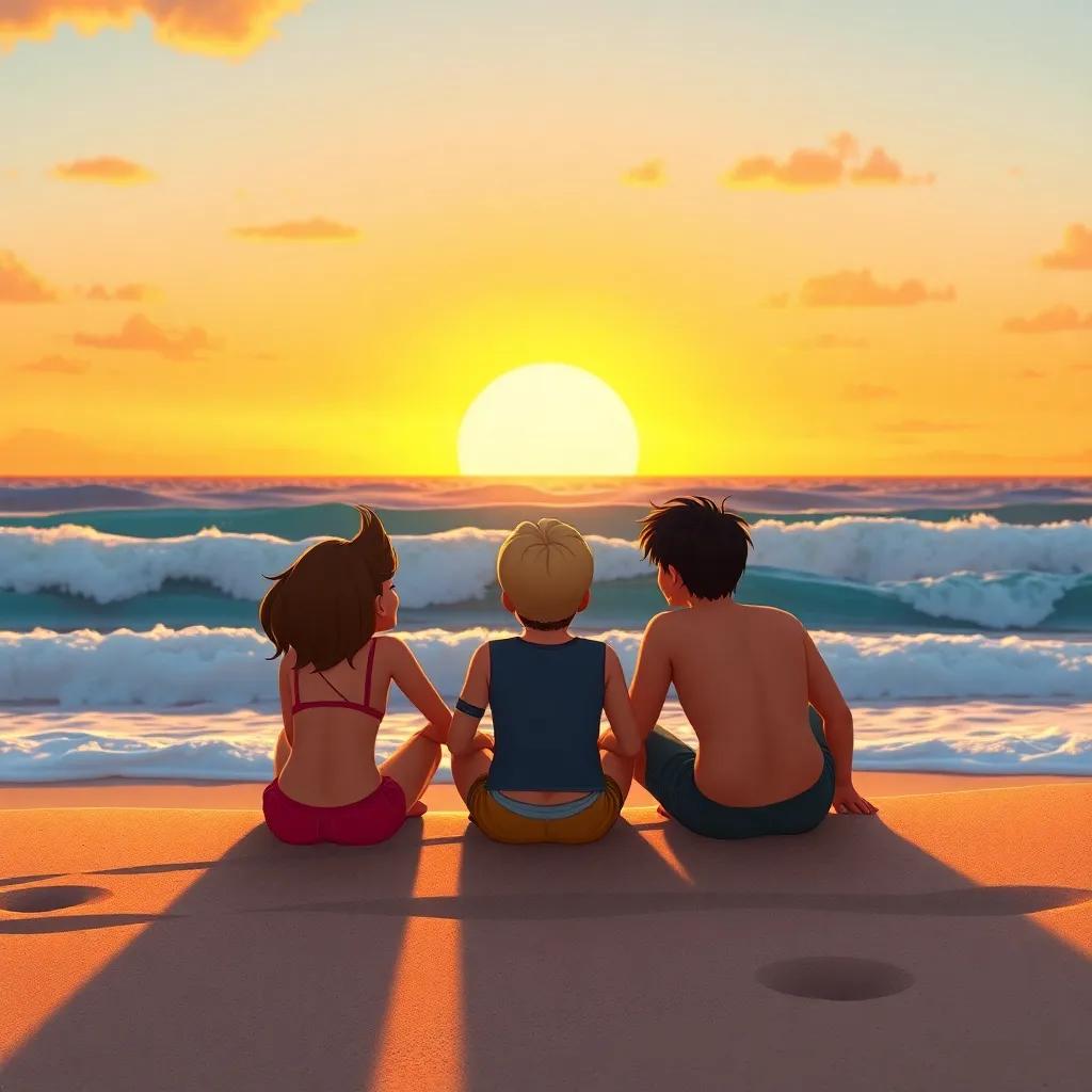 The three friends sitting on the beach at sunset, excitedly discussing their underwater adventure, the ocean waves gently crashing behind them, warm colors of sunset in the sky, cheerful and nostalgic feel, high quality
