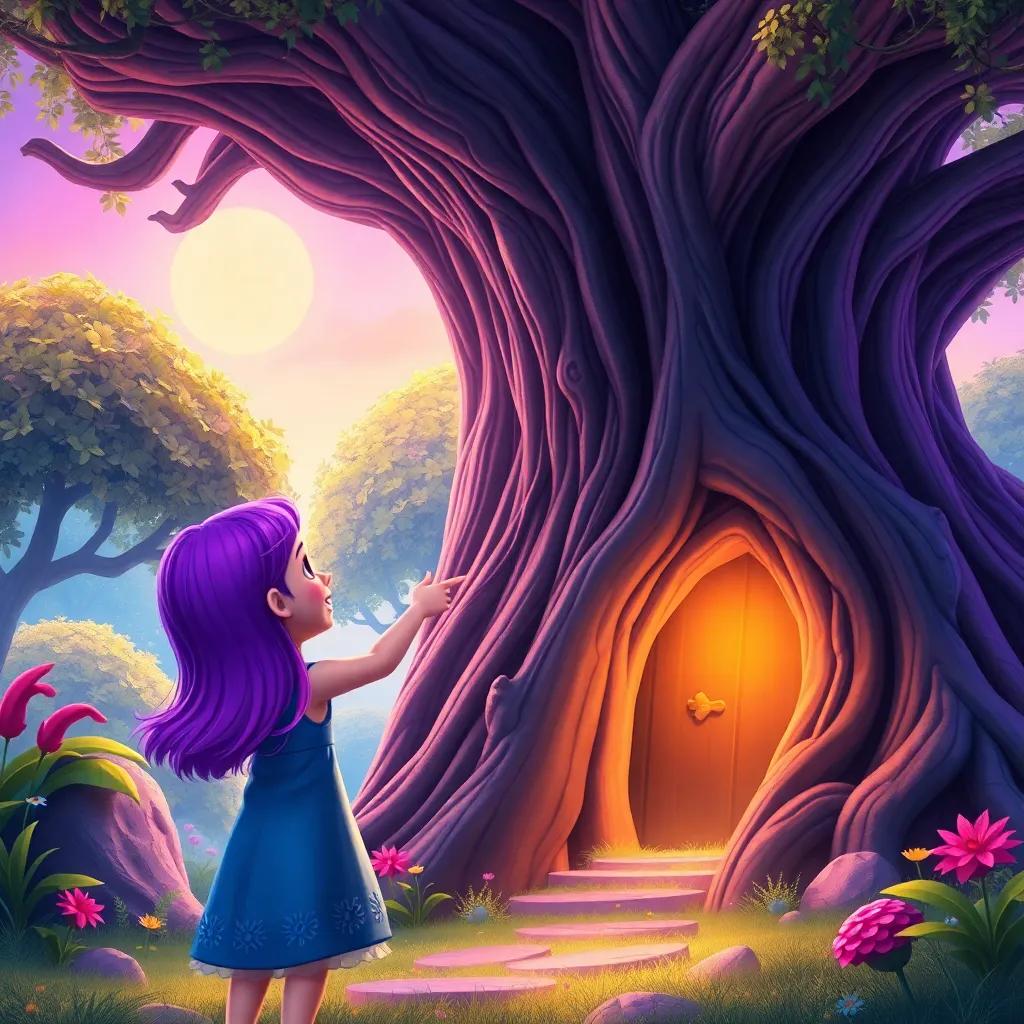 A young girl, Lila, with glowing purple hair, excitedly pointing at a large, ancient tree with a secret door underneath, colorful magical land, digital art, vibrant colors, enchanting atmosphere, high quality