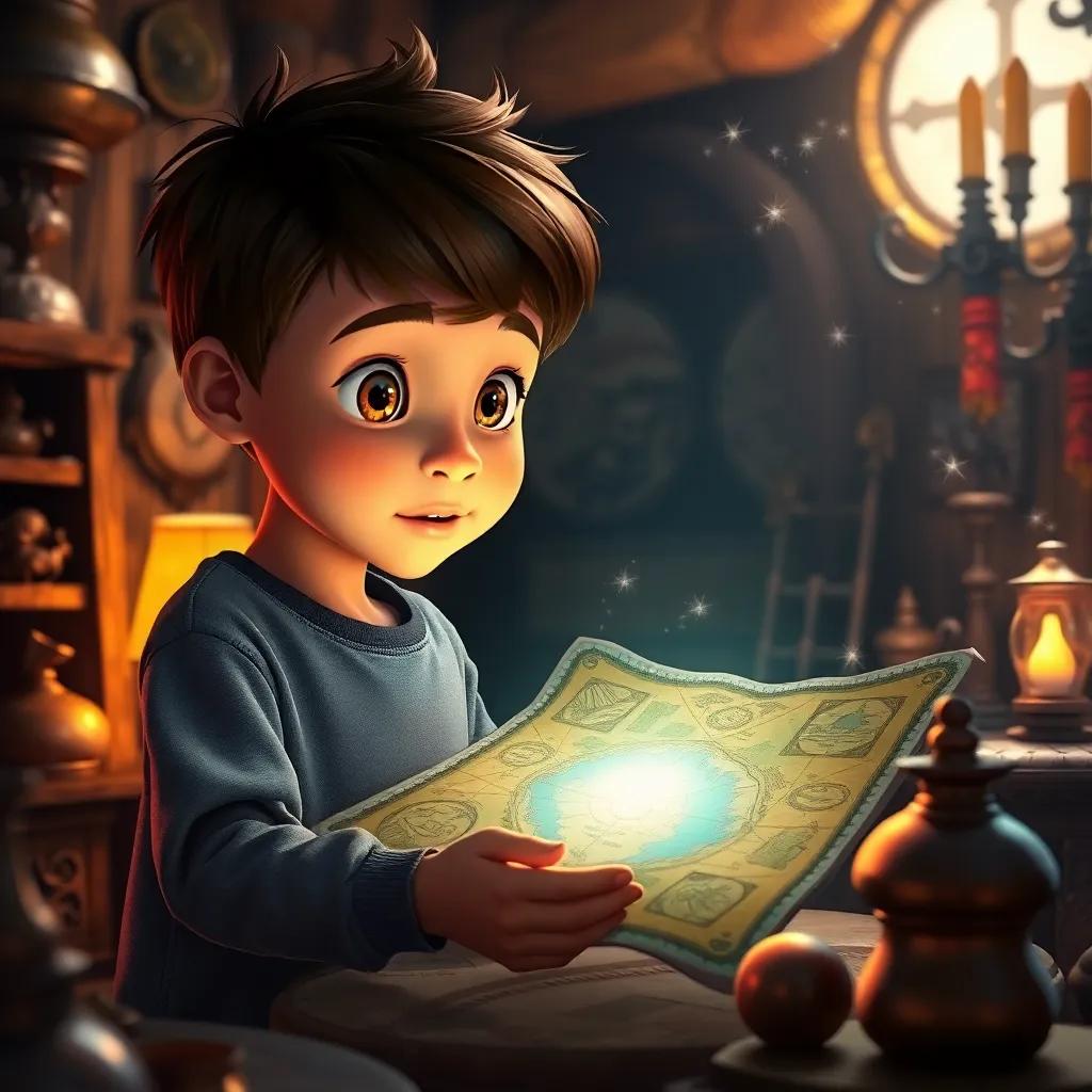 A young boy, Kyle, with curious eyes, discovering a glowing ancient map with Lila in a room filled with strange objects, illuminated by sparkling light, whimsical style, warm tones, inviting ambiance, high quality