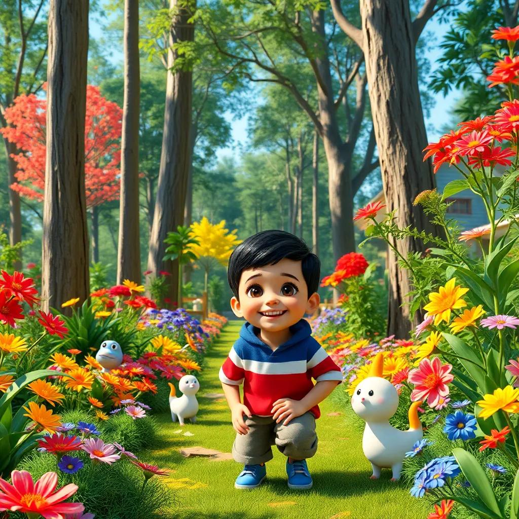 A colorful garden with tall trees and vibrant flowers, a cheerful little boy named Sami playing with his friends, digital art, bright and inviting colors, playful atmosphere, high quality