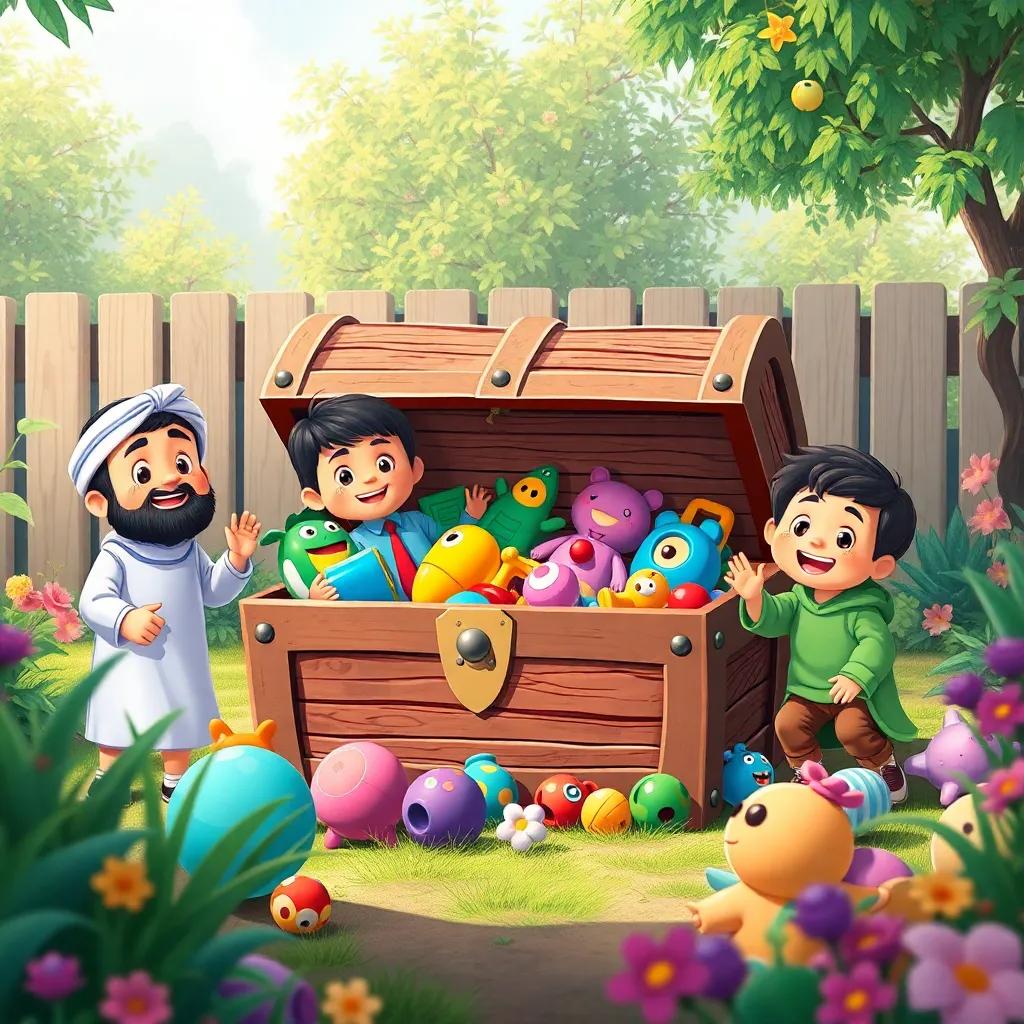 A large treasure chest filled with toys in the middle of the garden, Sami and his friends' joyful faces, illustration, colorful and lively, child-friendly scene, high quality