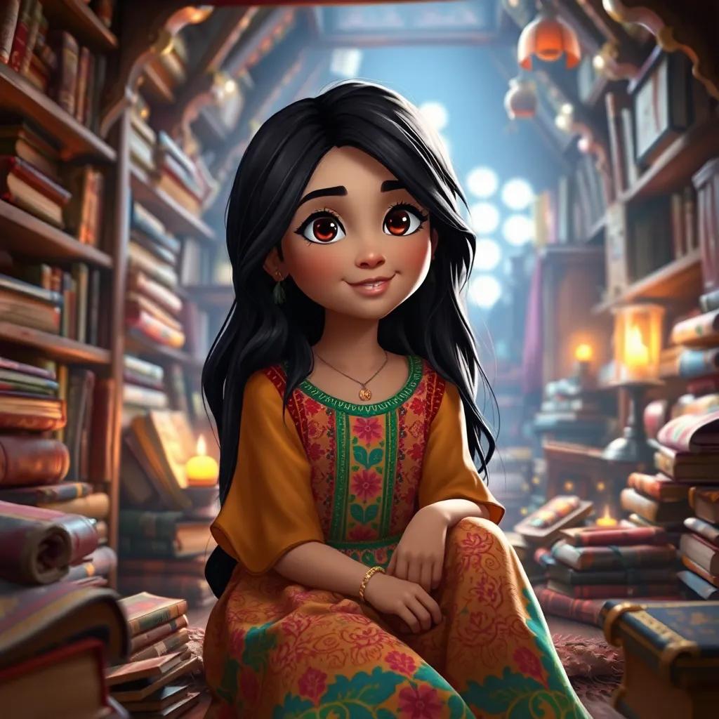 A young Arab girl, Leila, with long dark hair, wearing a colorful dress, sitting in an attic filled with old books and treasures, soft light, enchanted atmosphere, digital art, vibrant colors, inviting scene, high quality