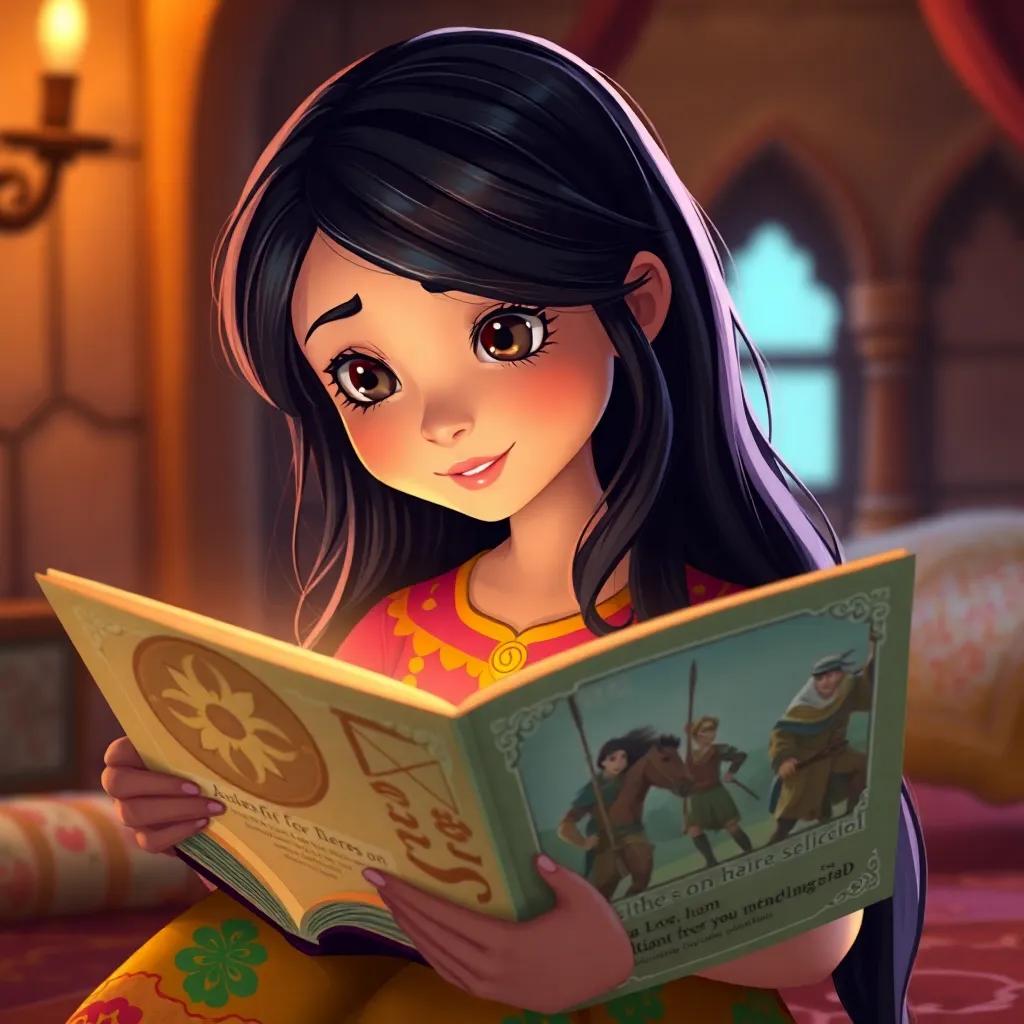 Leila, a young Arab girl, with long dark hair and colorful dress, reading an ancient storybook, captivated by images of brave heroes, warm light, cozy ambiance, illustration, child-friendly, engaging atmosphere
