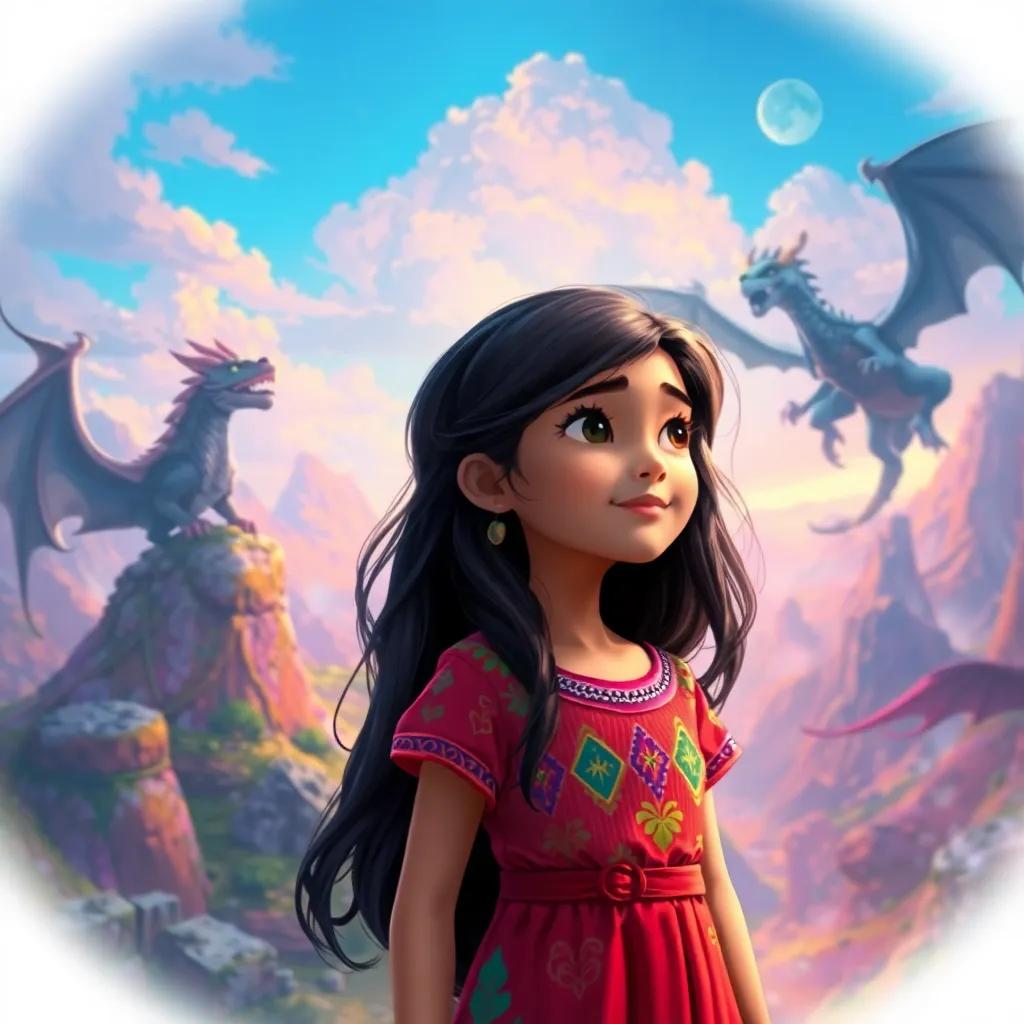 Leila, a young Arab girl, with long dark hair in a colorful dress, imagining her brave ancestors fighting a dragon, with a mythical landscape in the background, vibrant colors, fantasy-themed, digital painting, inspiring