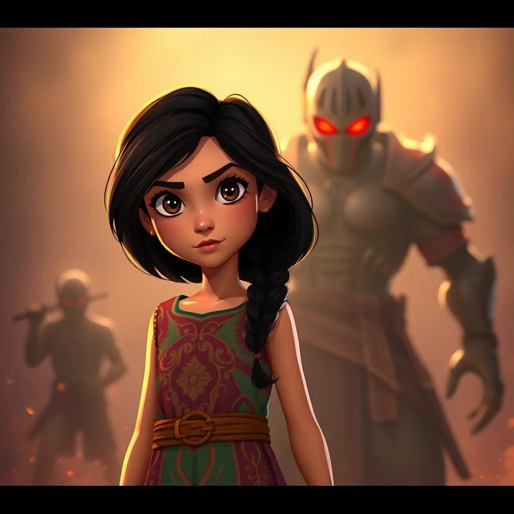 Leila, a young Arab girl, with long dark hair and colorful dress, standing confidently in front of a new enemy, with determination in her eyes, dramatic lighting, tension-filled atmosphere, high stakes, illustration, action-packed