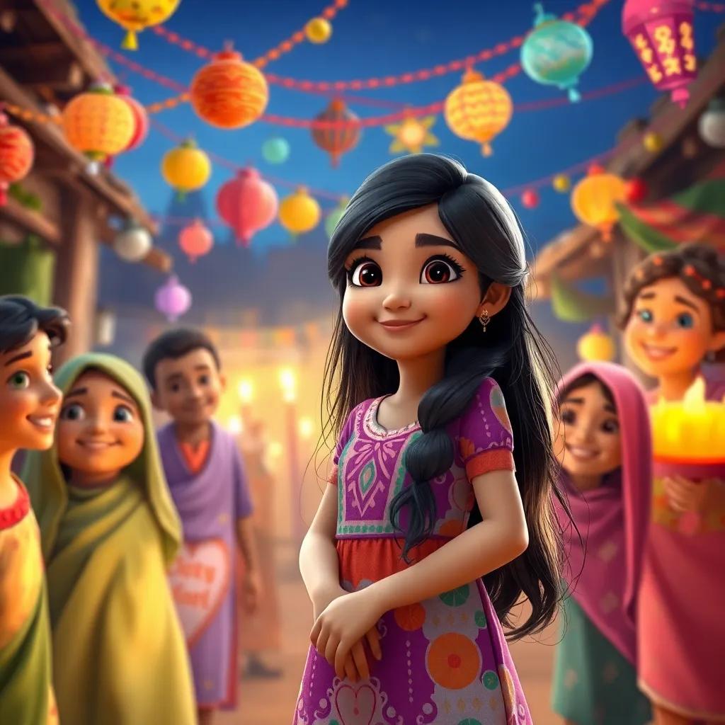 Leila, a young Arab girl, with long dark hair in a colorful dress, celebrating with her friends in the village, surrounded by happy faces and decorations, bright colors, joyful atmosphere, heartwarming scene, digital art, uplifting imagery