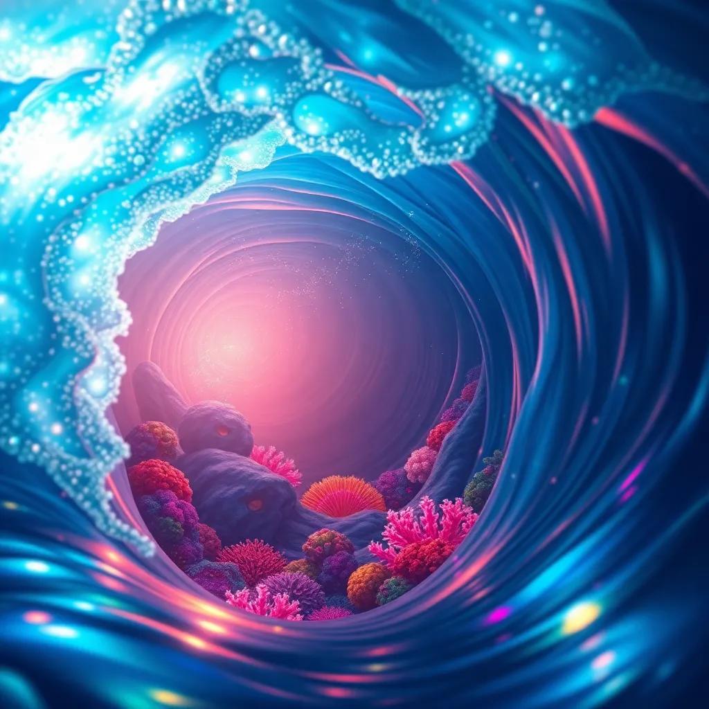 A magical ocean wave with a glowing aura, sparkling with hidden mysteries, colorful corals peeking from beneath, vibrant colors, inviting perspective, digital painting, whimsical, warm lighting