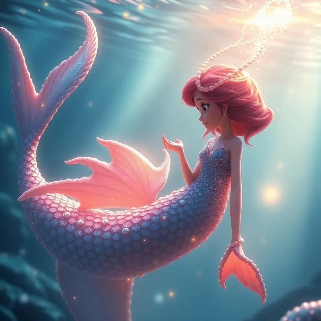 A mystical sea spirit, with shimmering scales and flowing fins, speaking to Leila, surrounded by soft glowing light, beautiful underwater scene, enchanting colors, highly detailed, magical atmosphere