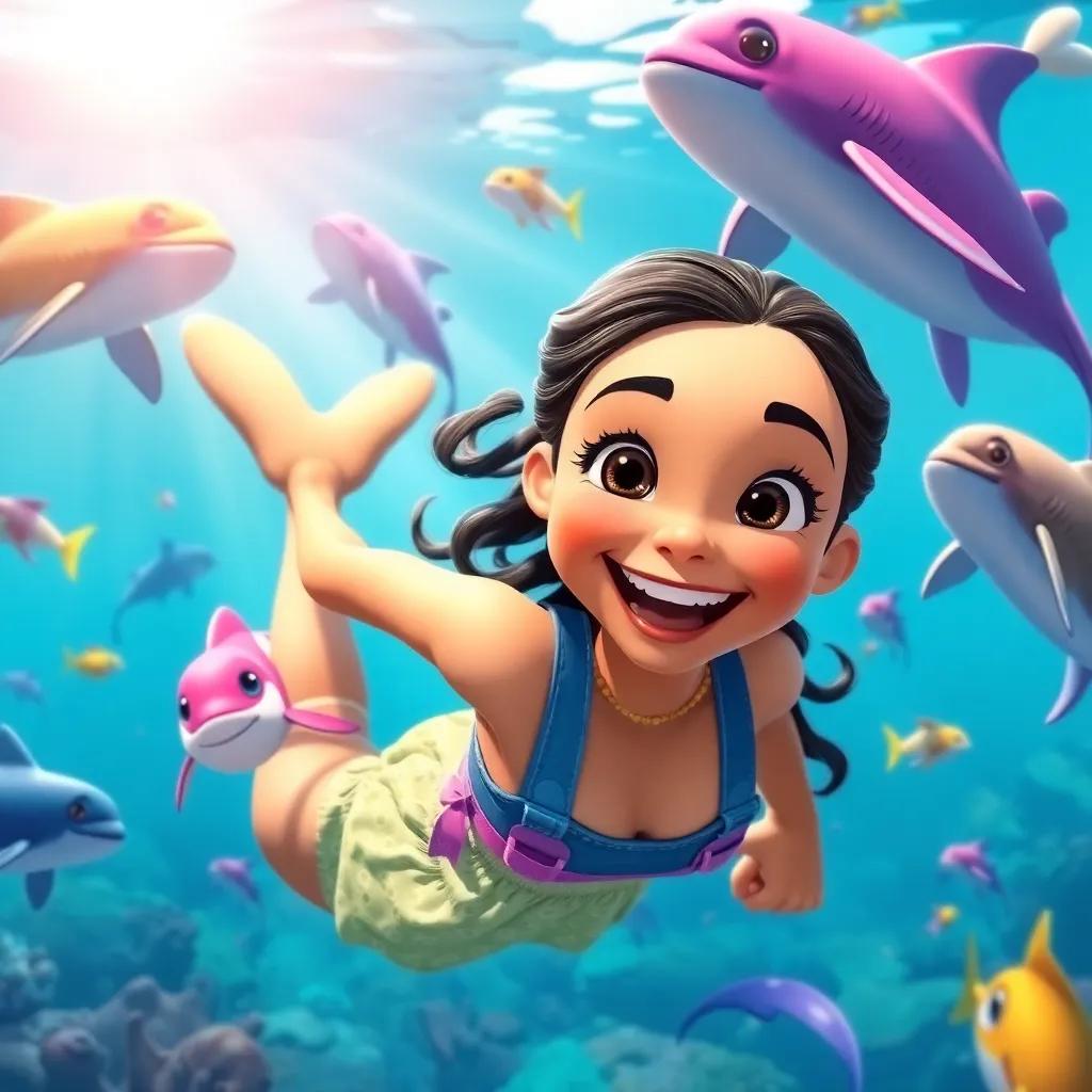 Leila, happy and determined, swimming amidst colorful fish and playful dolphins, bright sun rays shining through clear water, joyful expression, adventure-themed, child-friendly
