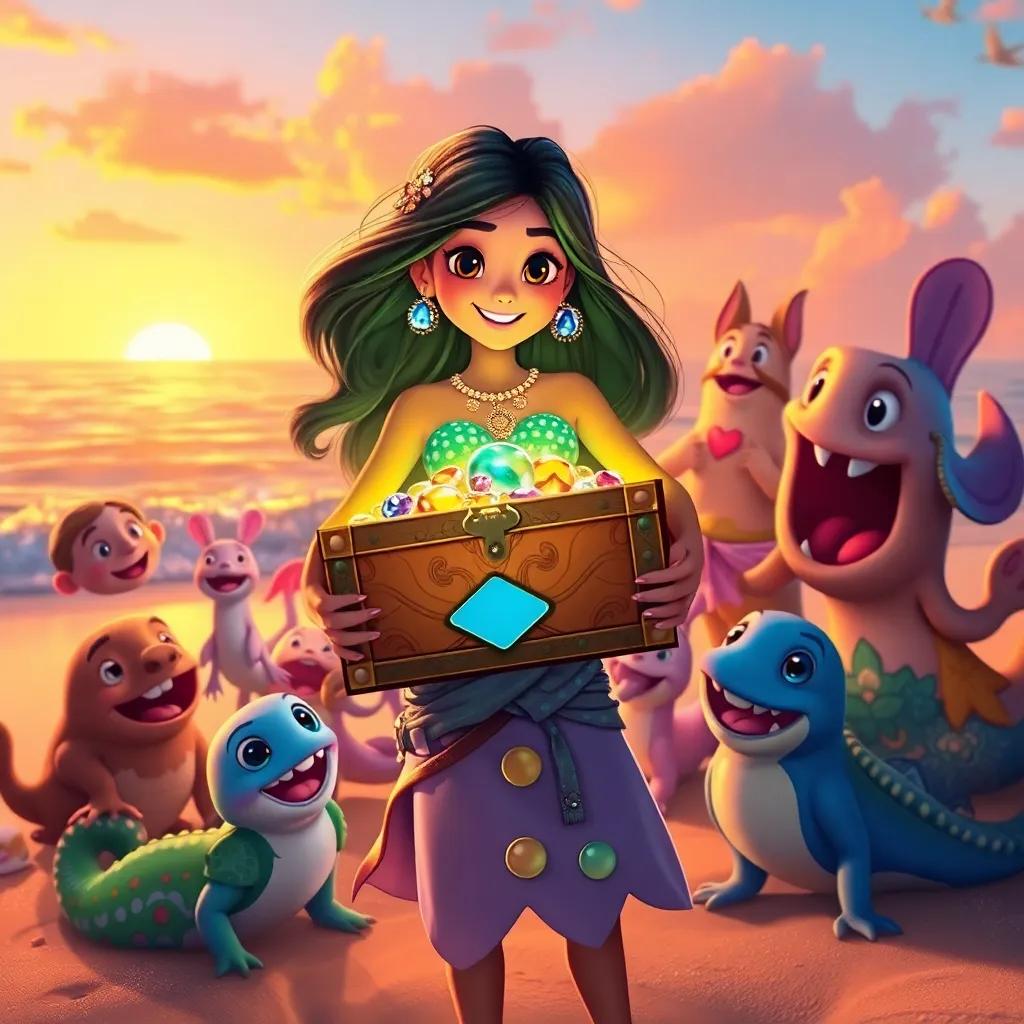Leila, holding a glowing treasure chest filled with gold and jewels, surrounded by colorful sea creatures, celebrating with joyful friends on the beach, warm sunset colors, heartwarming scene, vibrant details