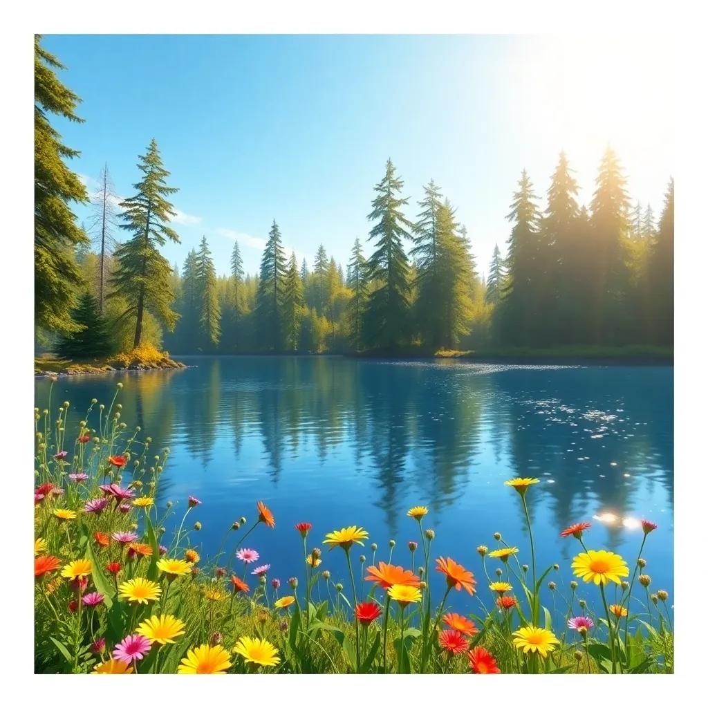 A beautiful sunny morning by a blue lake surrounded by tall trees, golden sunshine dancing on the water's surface, vibrant wildflowers in full bloom, cheerful atmosphere, digital art, bright colors, inviting scene, high quality