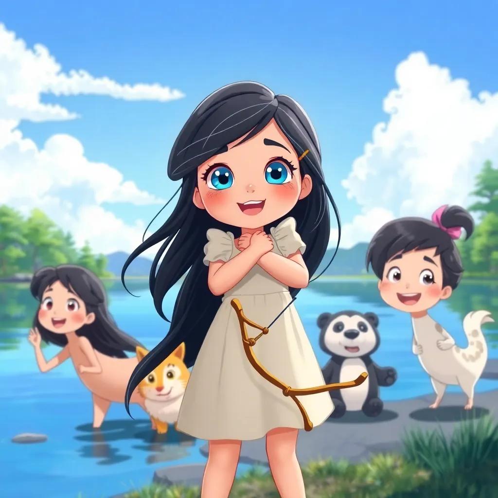 A young girl named Leila, with long black hair and blue eyes like the lake, standing excitedly by the lakeside, wearing a light dress, with a bow in her hands, surrounded by her playful friends, illustration, joyful and adventurous, child-friendly