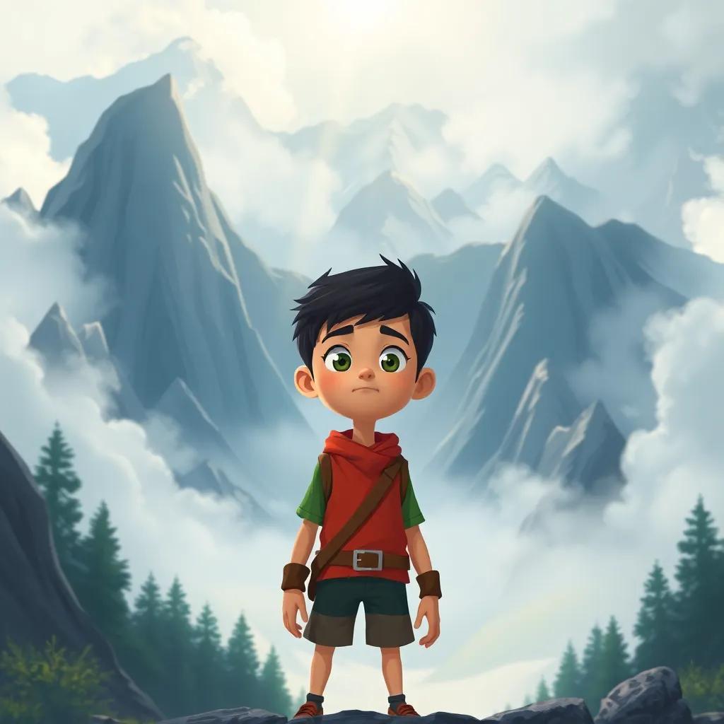 A brave young boy, Sami, with short black hair and a determined expression, standing at the foot of a majestic mountain with mystical fog, illustration, vibrant colors, adventure atmosphere, whimsical