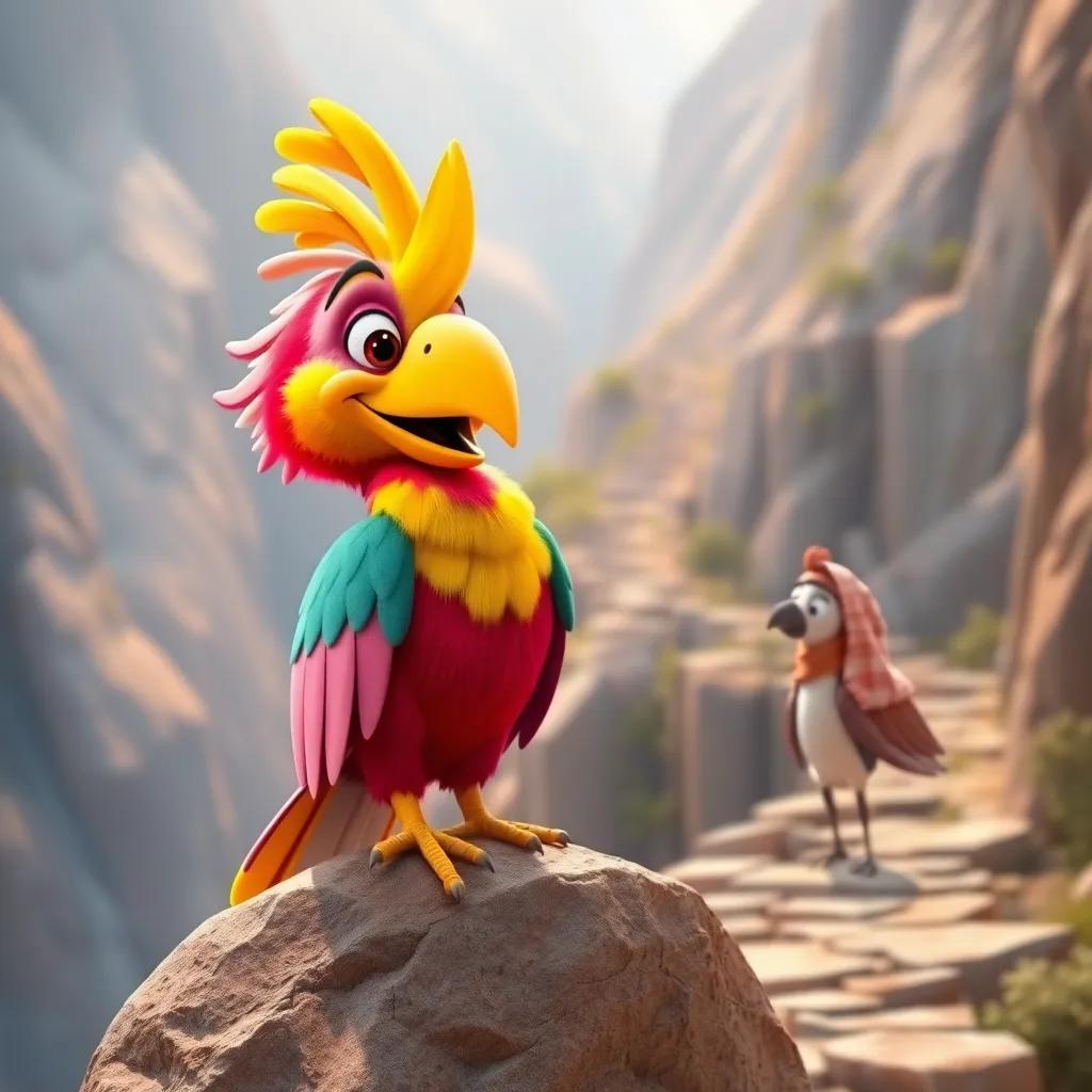 A colorful large bird, Ramzi, with bright pink and yellow feathers, perched on a rock, talking to Sami, the backdrop of a steep mountain path, digital art, cheerful, engaging mood, family-friendly