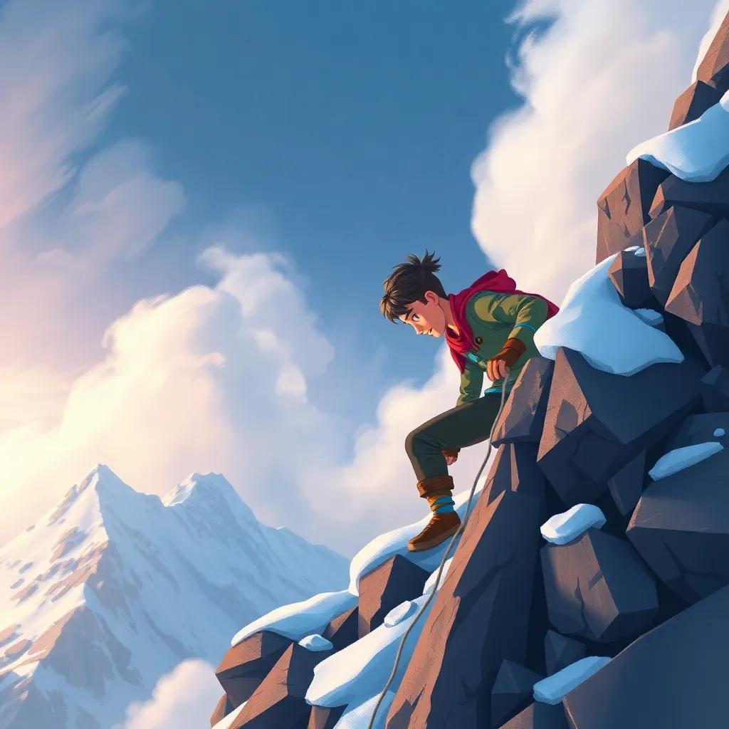 Sami climbing the mountain, carefully navigating slippery rocks and cold air, with clouds swirling around him; focused and determined expression, illustration, dramatic colors, adventure theme, highly detailed
